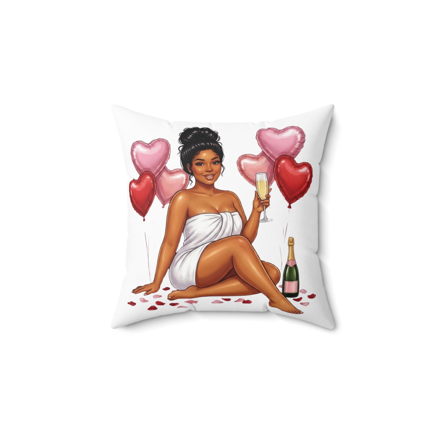 Square Pillow — Glam Bath Champagne Girl with Heart Balloons