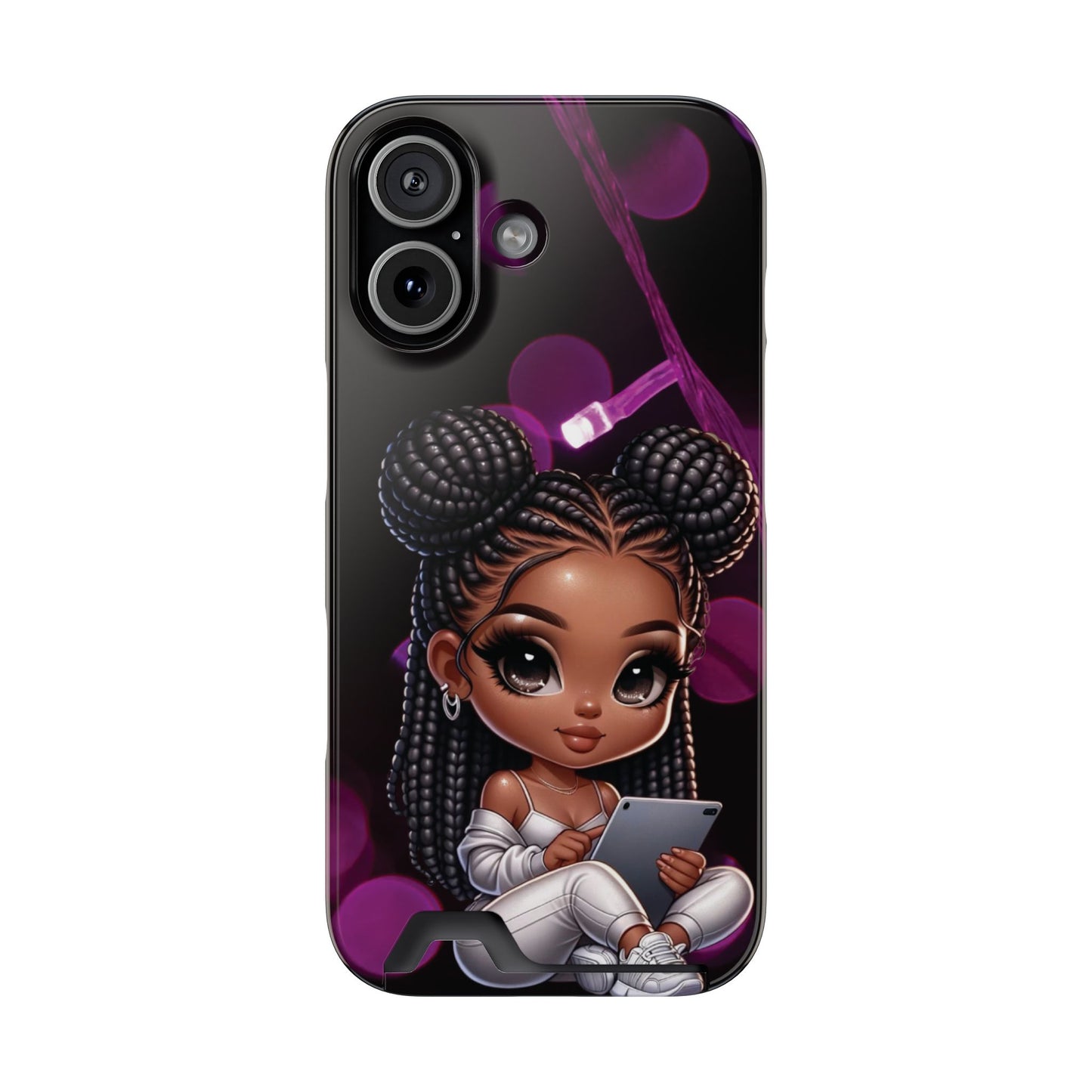 Cute Black Girl Cartoon Phone Case with Card Holder — Stylish Protective Wallet Case