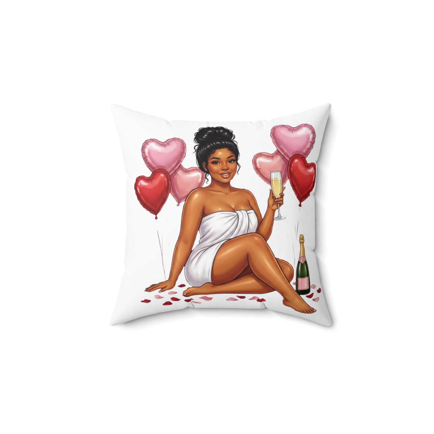 Square Pillow — Glam Bath Champagne Girl with Heart Balloons